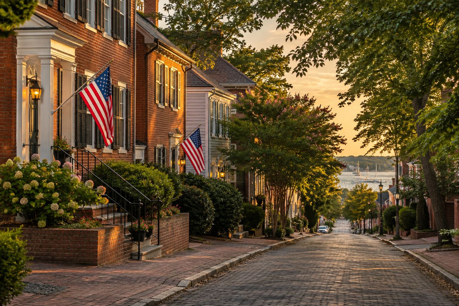 A quiet Annapolis, Maryland waterfront street, illustrative