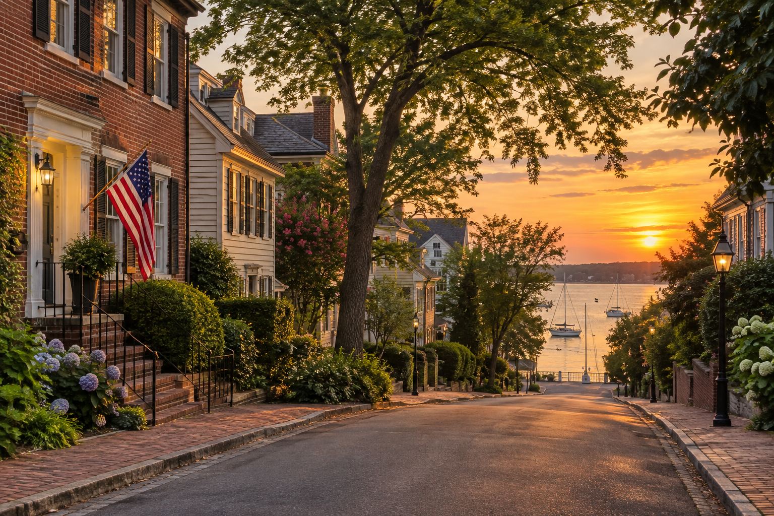 A Chesapeake Bay area street at sunset, illustrative