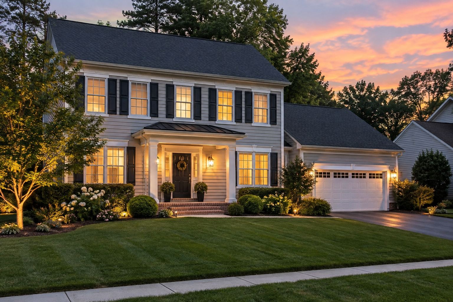 A Chesapeake Bay area home exterior at dusk, illustrative
