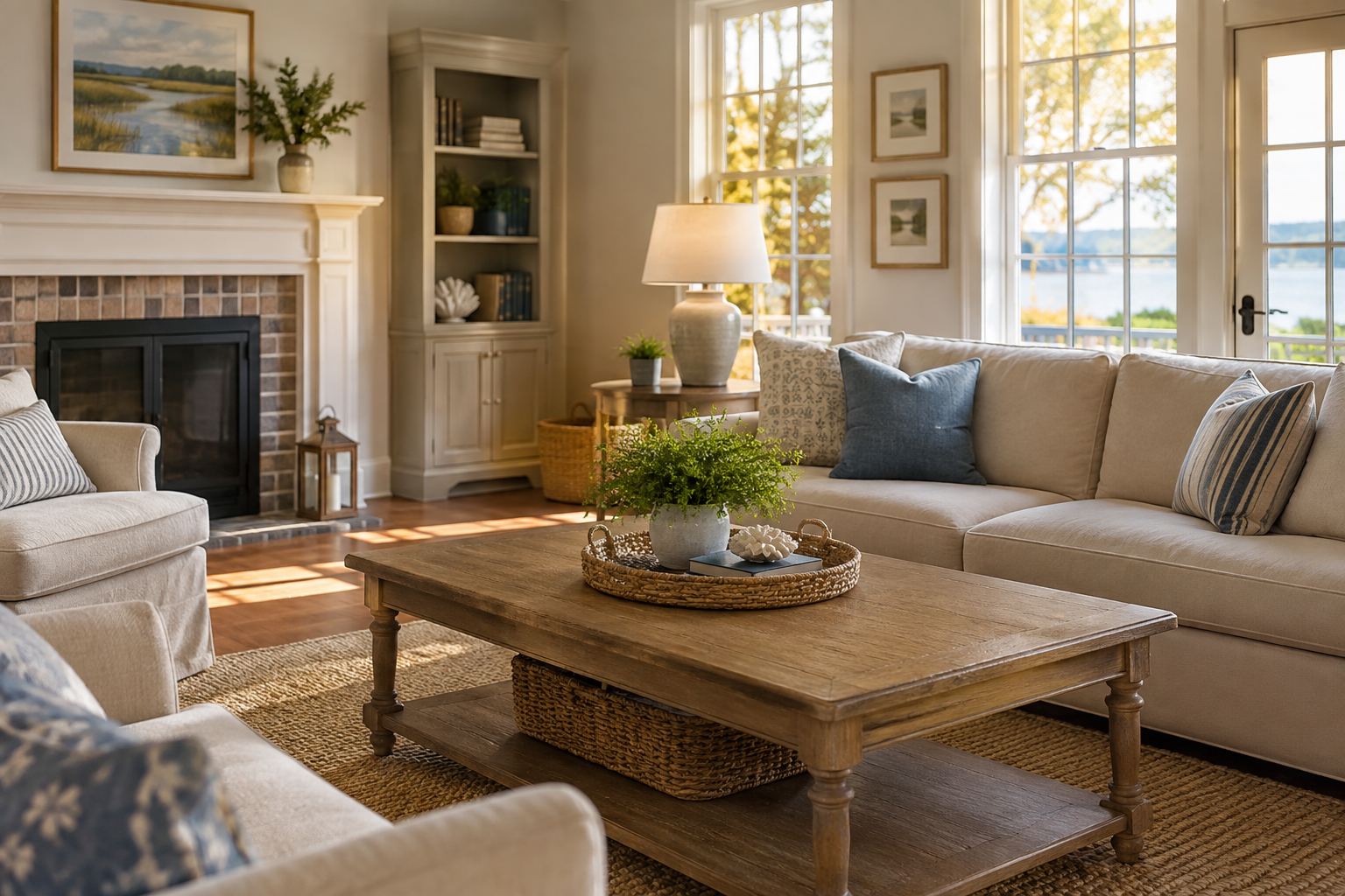 A cozy Chesapeake Bay area living room, illustrative